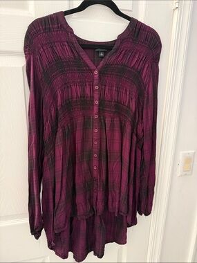 torrid Plum Plaid Button-Front Smocked Tunic